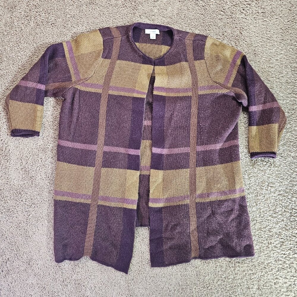 CJ Banks Long Open Front Cardigan Sweater Womens 2X Plaid Purple Tan Knit
